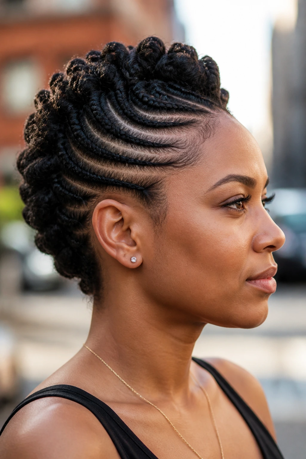 Close-up portrait of a real person with a flat-twist mohawk outdoors.