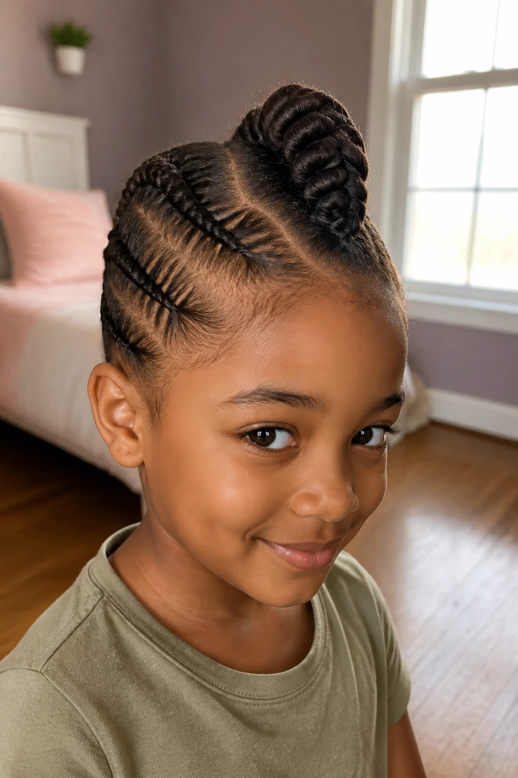 Close-up of a real child with a flat twist mohawk in a cozy bedroom