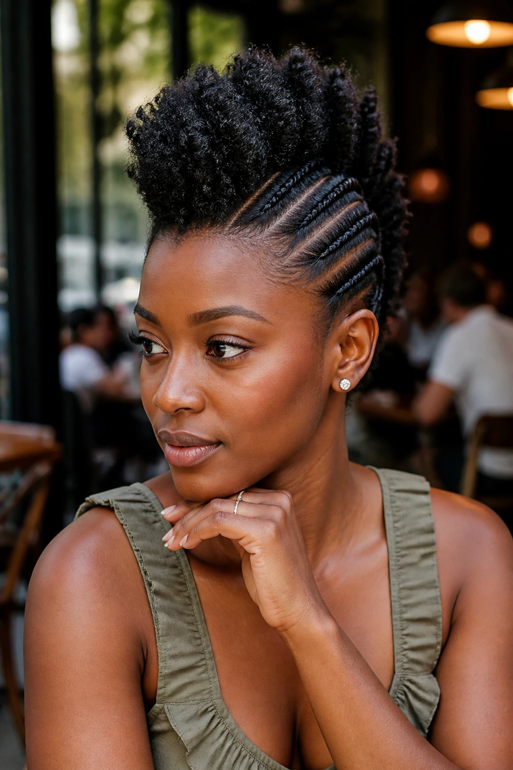 Close-up of a woman with flat-twist mohawk and center ridge.