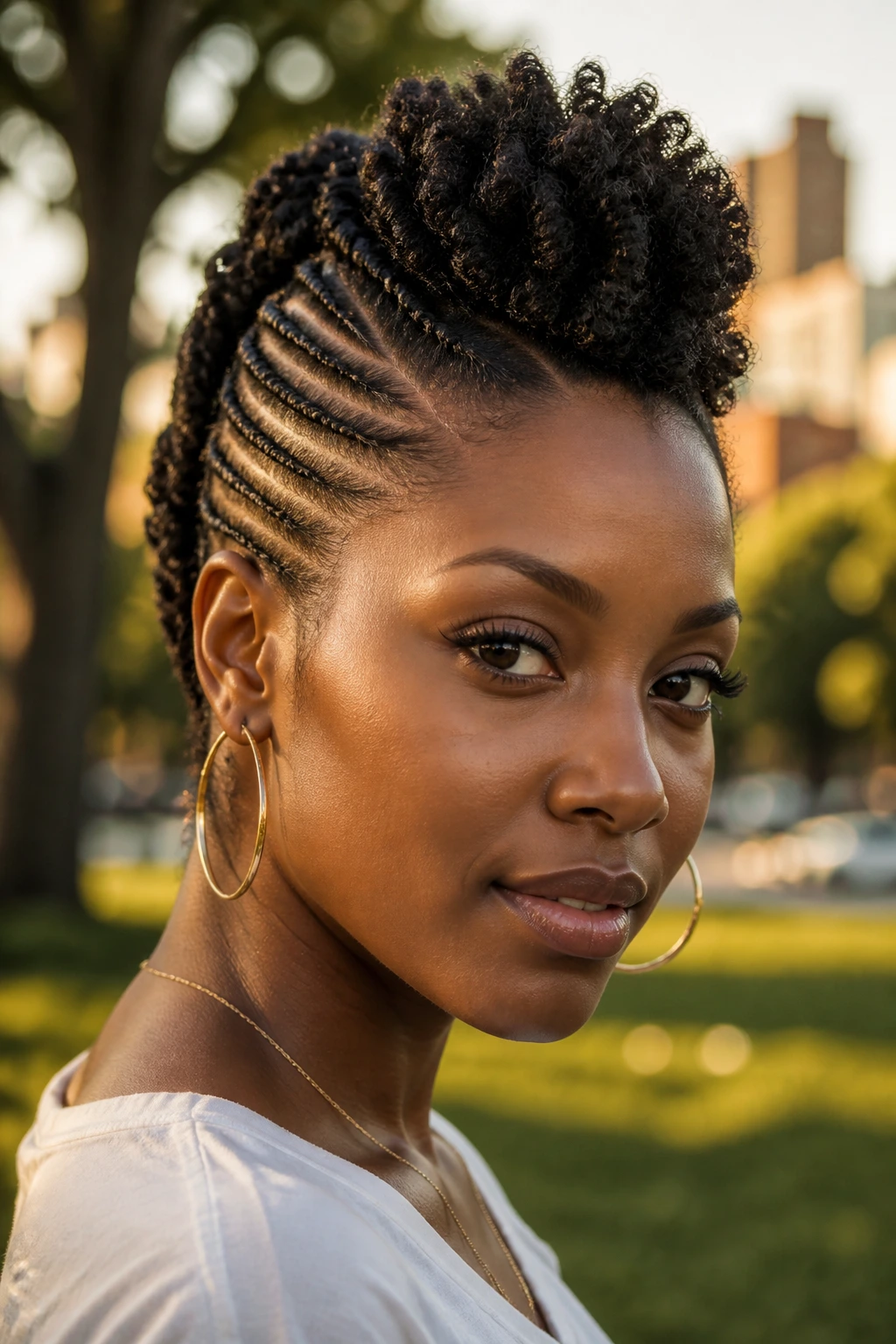 Close-up portrait of a real Black woman with inward flat twists forming a mohawk