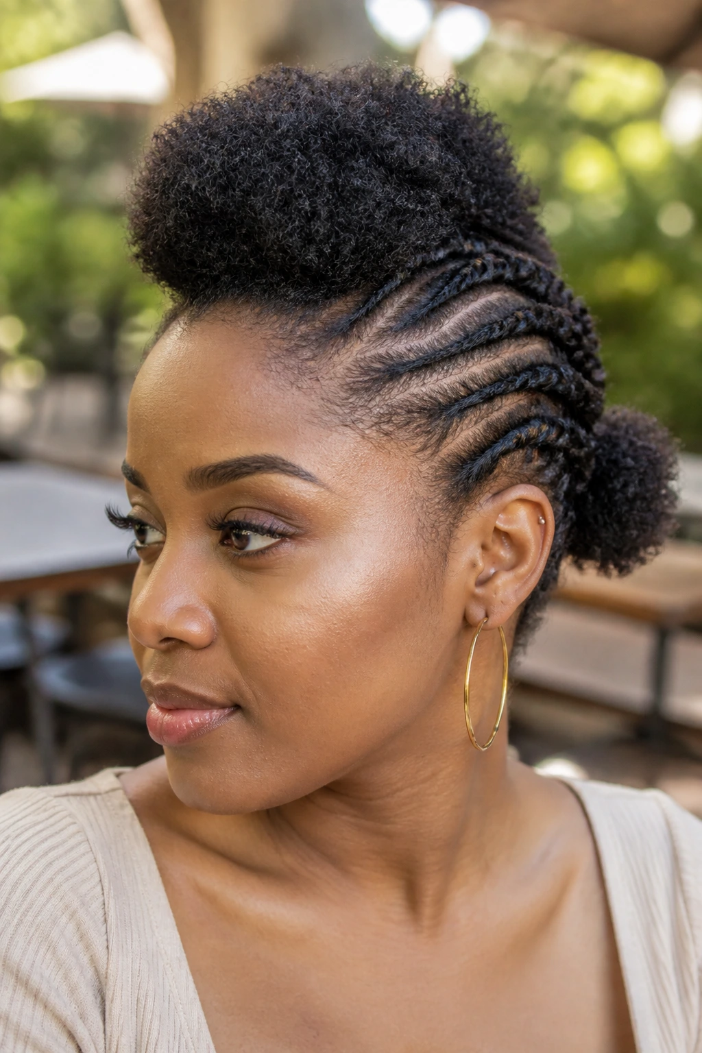 Real woman with flat-twist mohawk and two puff ends in outdoor setting