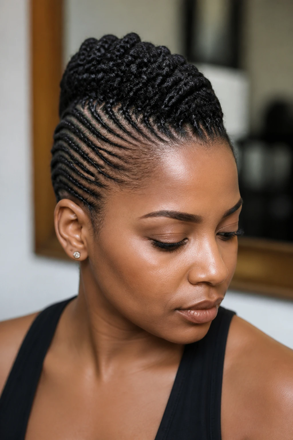 Close-up of a person with flat-twist mohawk and sleek sides