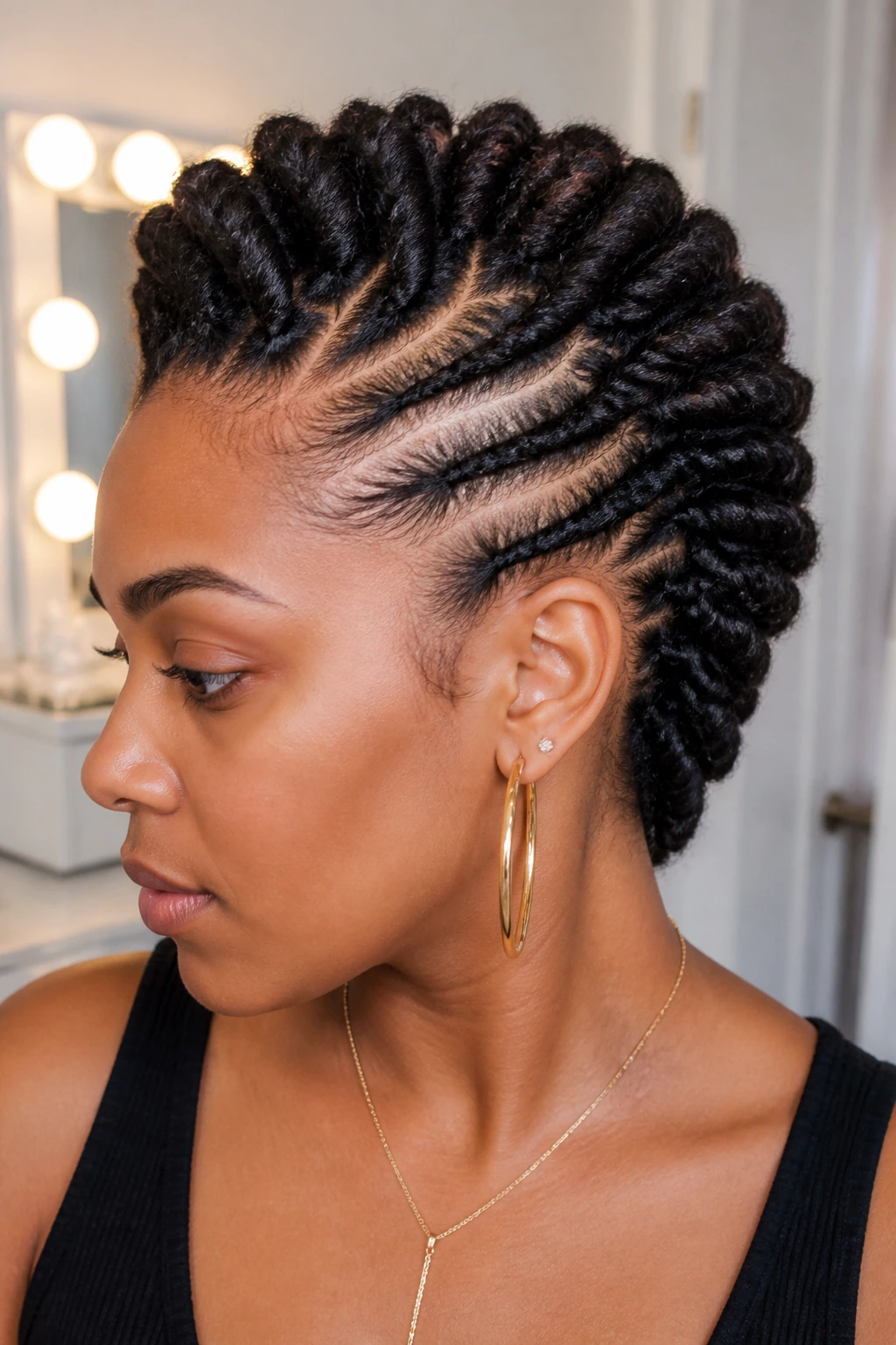 Real woman with flat-twist mohawk on stretched natural hair, portrait