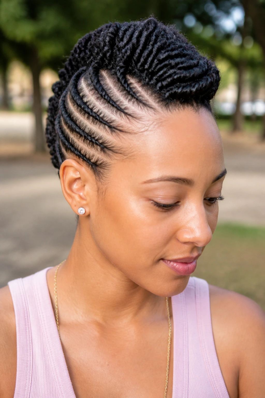 Real person with flat-twist mohawk showing tidy twists and center ridge
