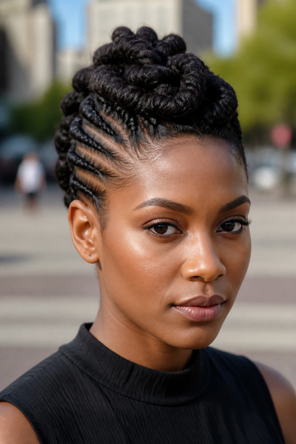 Close-up of a woman with a flat-twist Mohawk updo