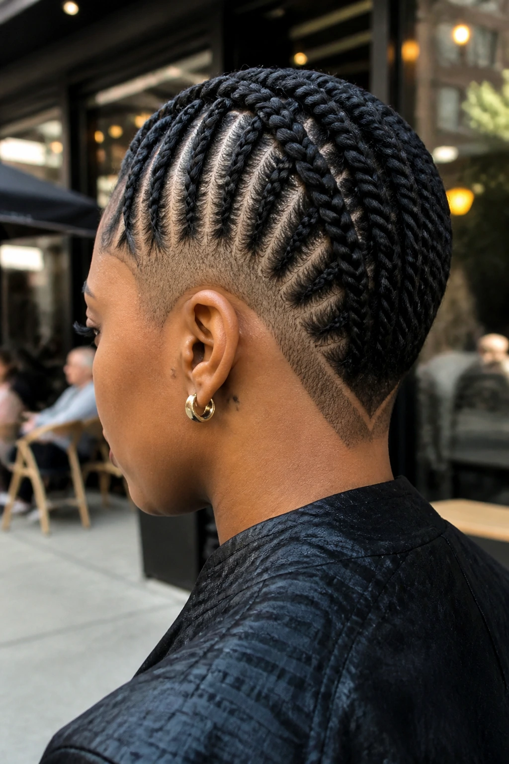 Close-up portrait of a real Black person with flat-twist Mohawk and V-cut
