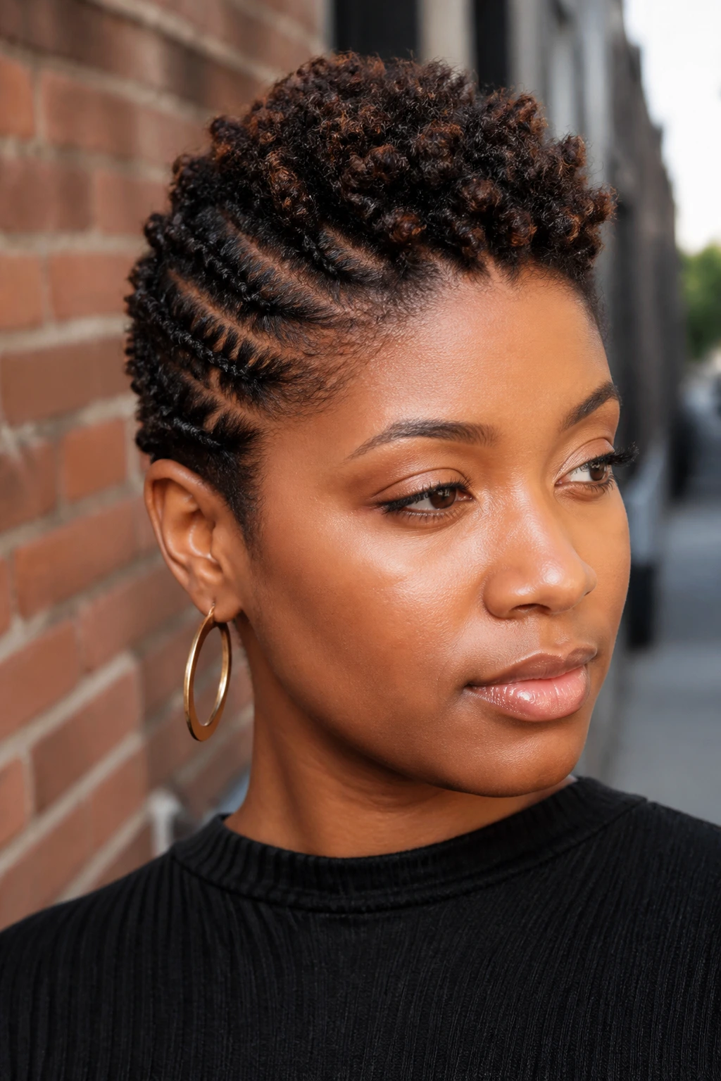Portrait of a person with flat-twist out texture on short crop outdoors