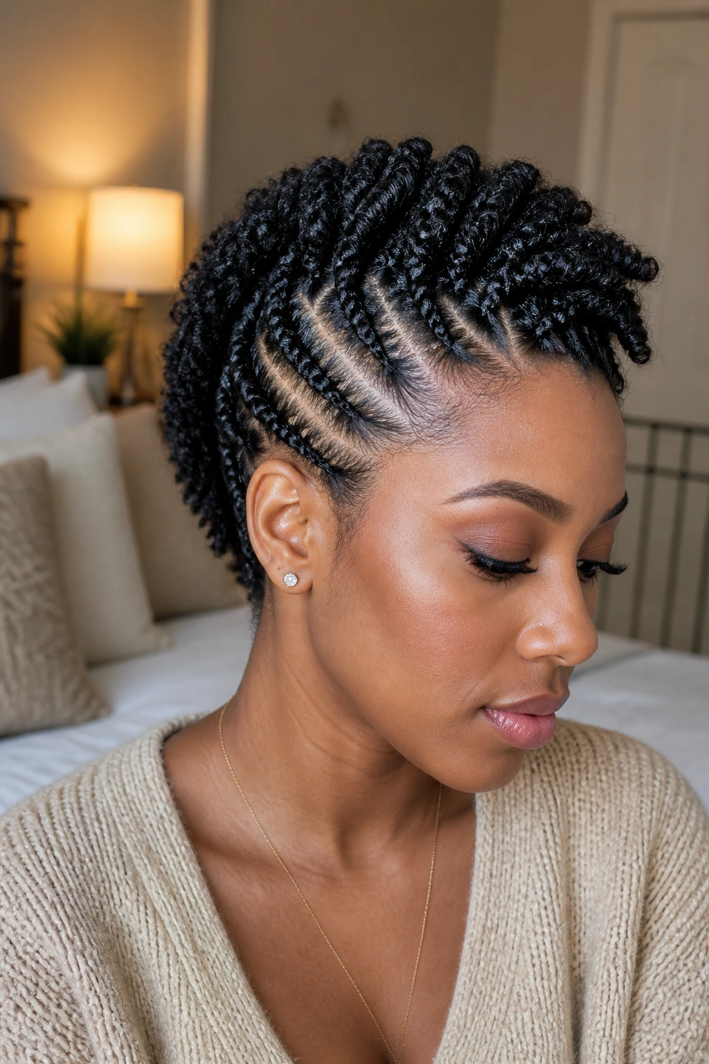 Close-up portrait of a real person with Flat-Twist Out Mohawk showing flat twists ridge
