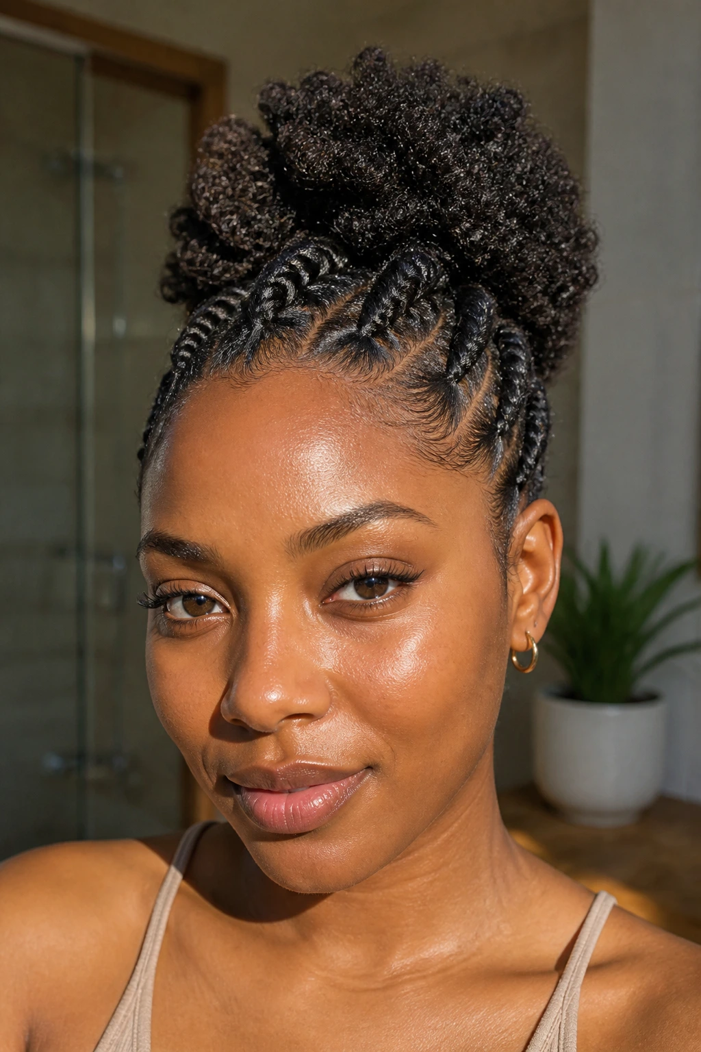 Real woman with front flat twists leading into a puff in a bright setting.