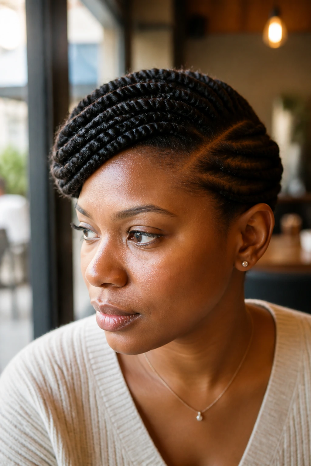 Close-up of a flat twist side sweep on short natural hair