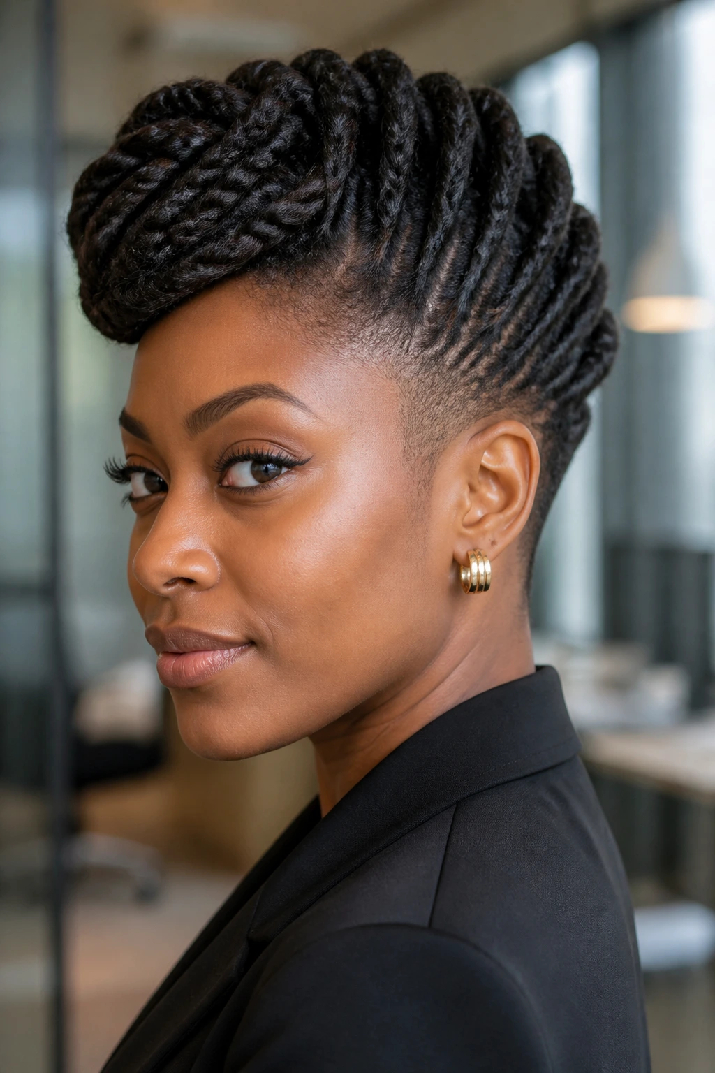 Portrait of a real woman with a flat twist updo and hidden undercut
