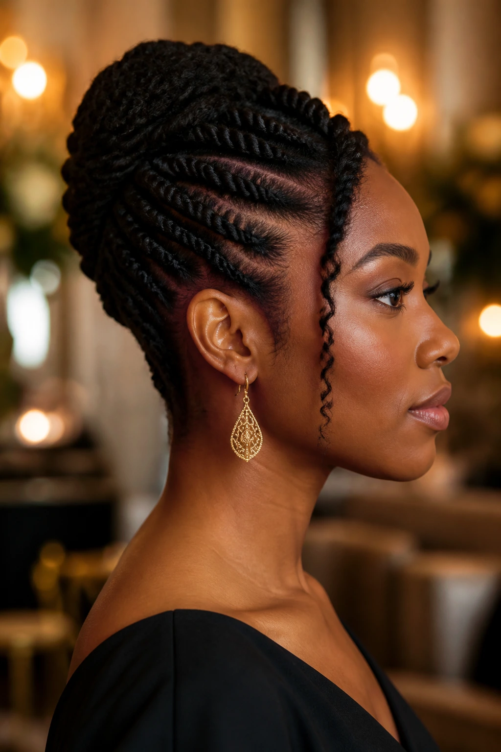 Side-profile portrait of a real person wearing a flat-twist updo with a low bun.