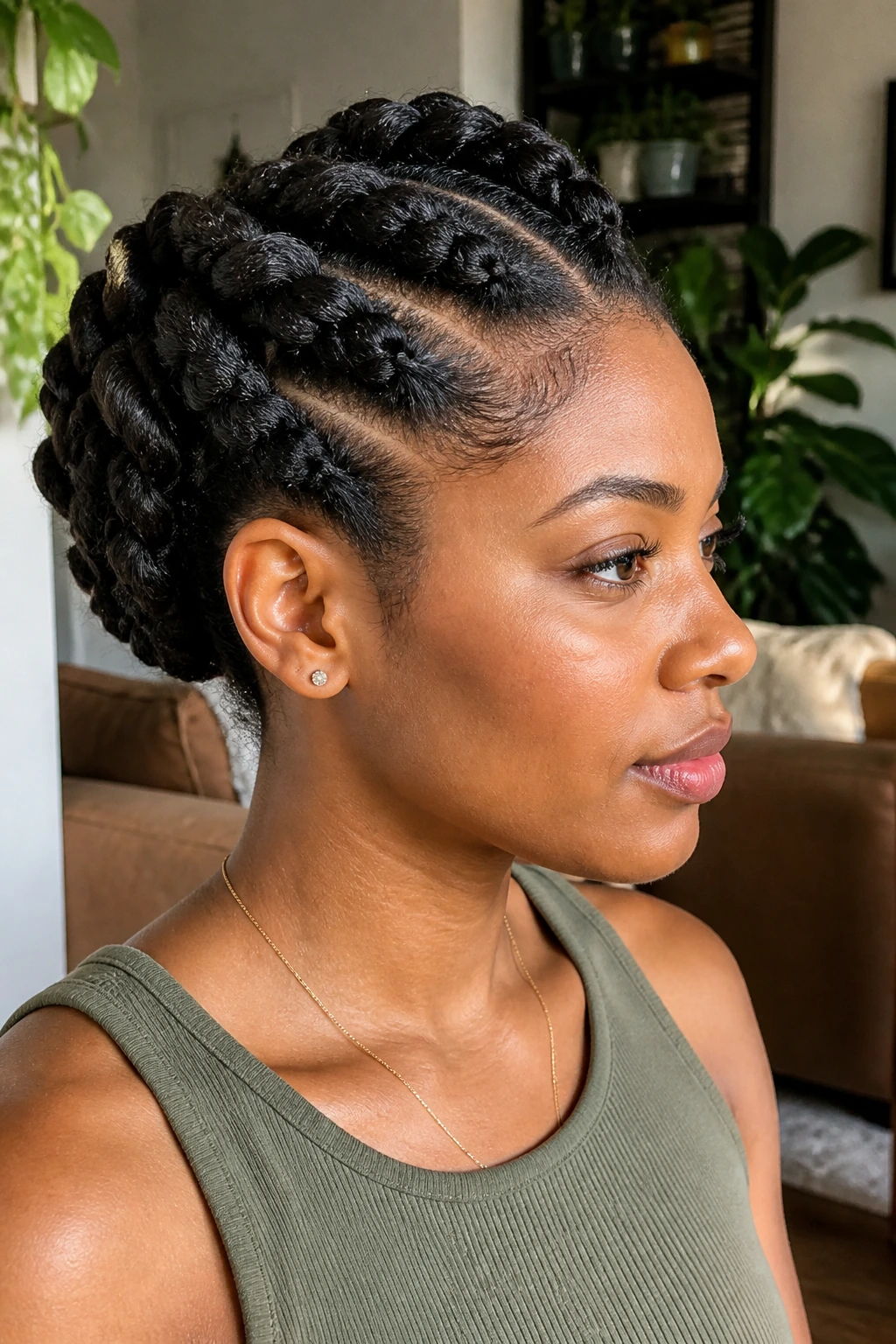 Close-up of a real woman with chunky flat-twist updo in a sunlit room