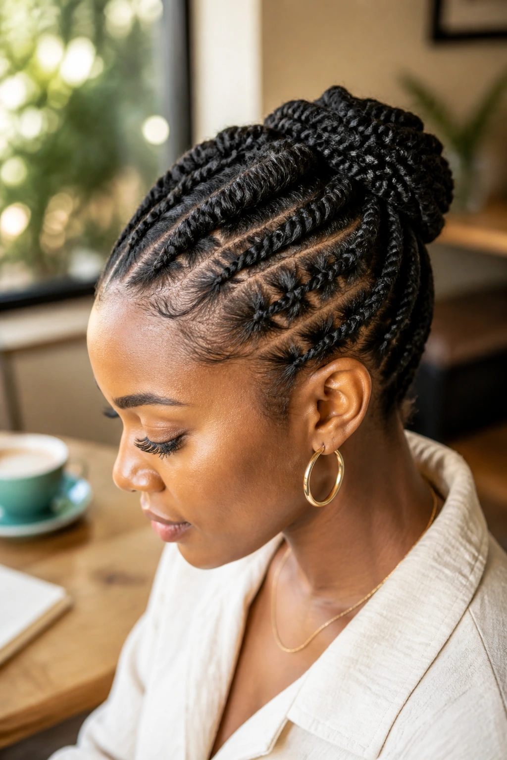 Close-up portrait of a real woman with a flat-twist updo