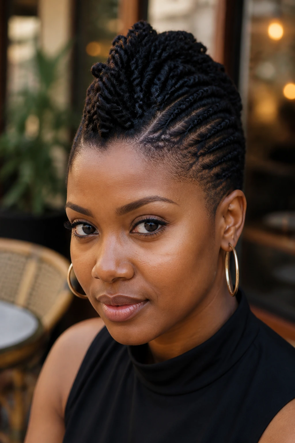 Portrait of a woman with a flat-twisted crown hawk