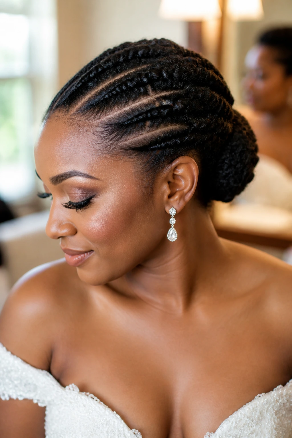 Close-up of flat-twisted bridal updo on real bride in a warmly lit bridal suite