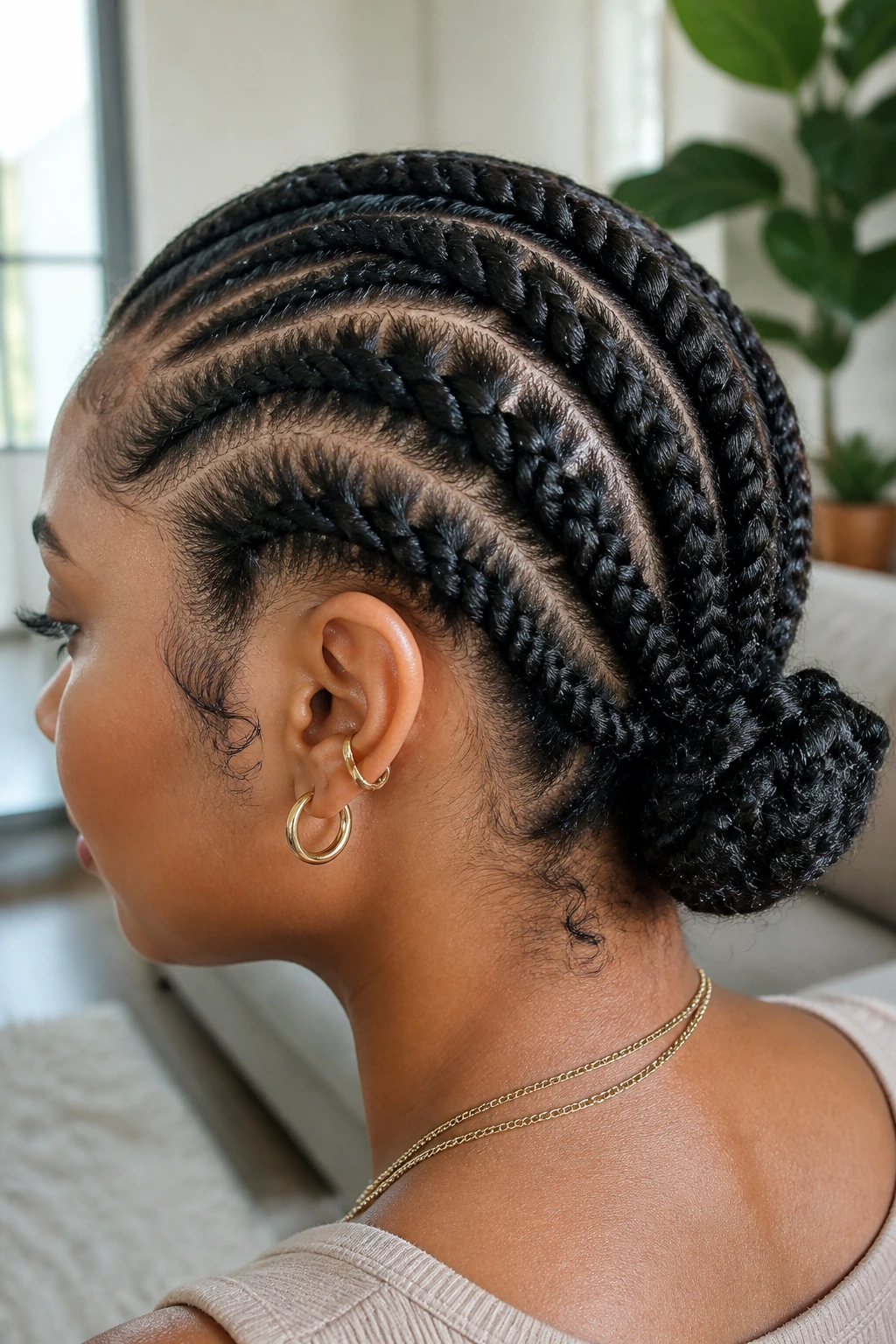 Close-up of flat twists forming a bun on a real woman's head.