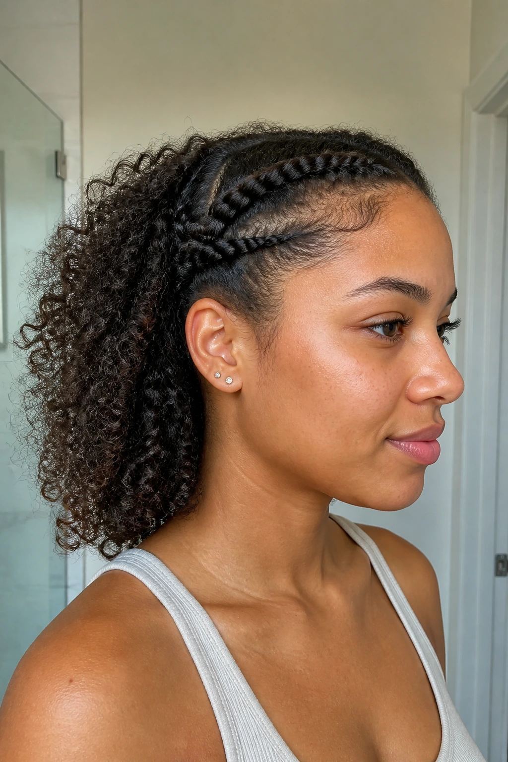 Close-up of a real woman with flat twists at the hairline and loose curls in back