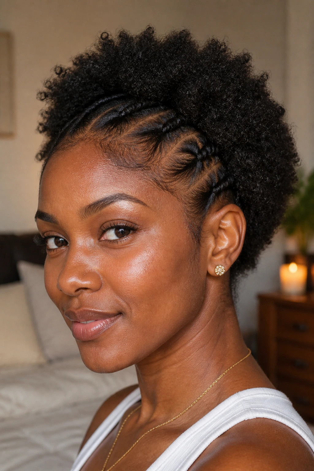 Close-up of a real Black woman with flat twists at the hairline and open crown