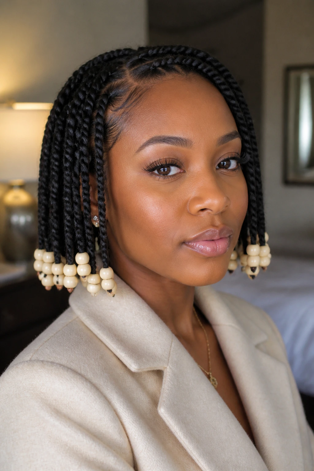 Bob-length flat twists with ivory beads on ends, close-up portrait