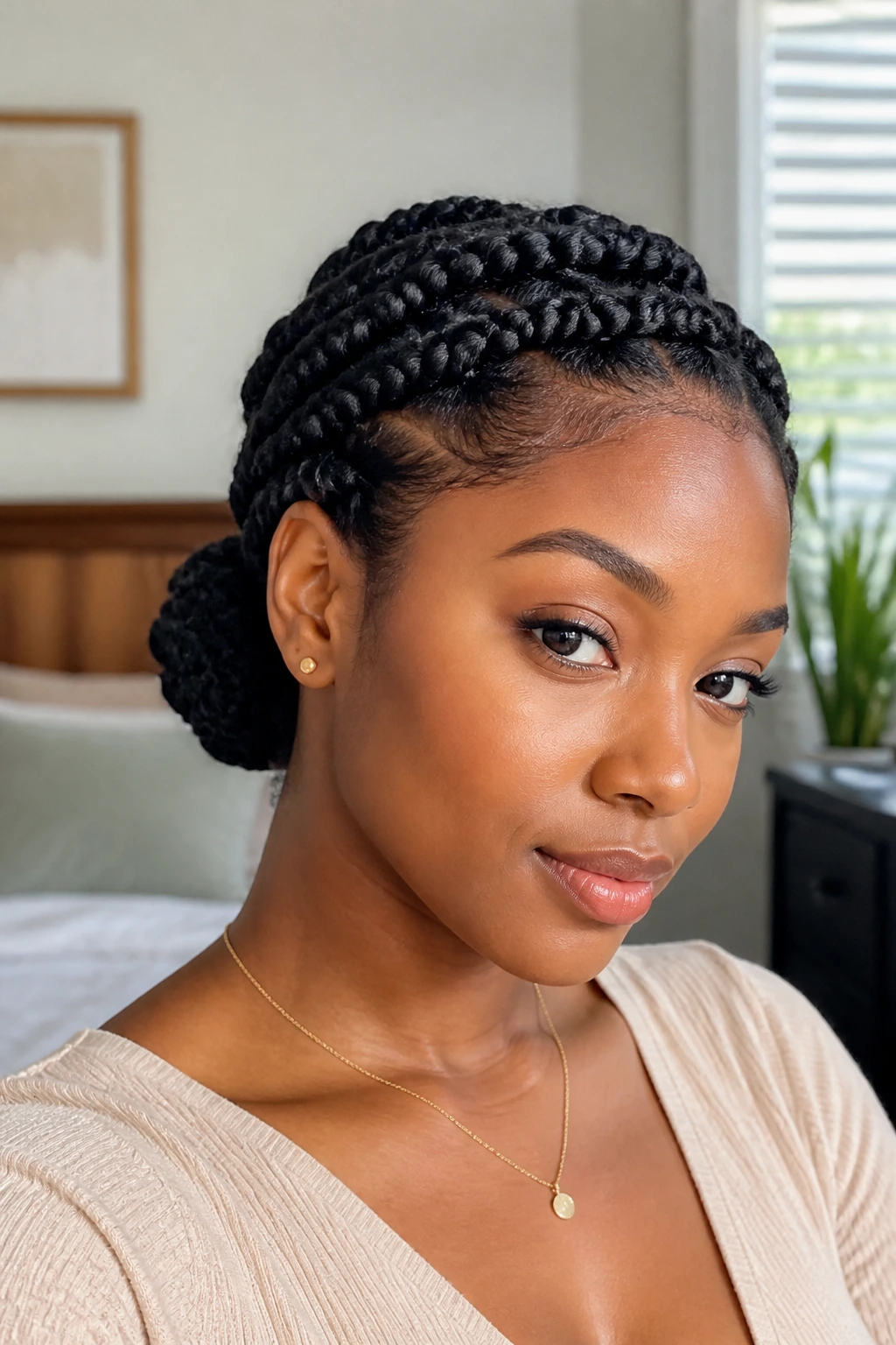 Close-up portrait of a real person with flat twists forming a low bun at the nape, 4c texture.