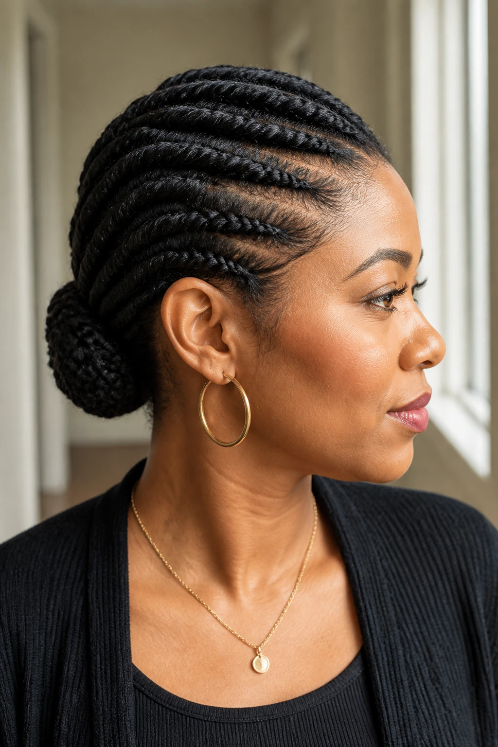 Close-up of a Black woman with flat twists into a low bun.
