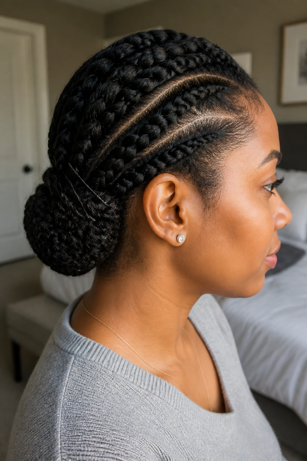 Close-up of a real woman with flat twists swept into a low bun secured with bobby pins