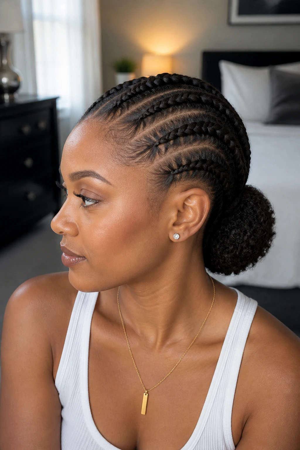 Close-up of a real person with straight-back flat twists forming a low puff