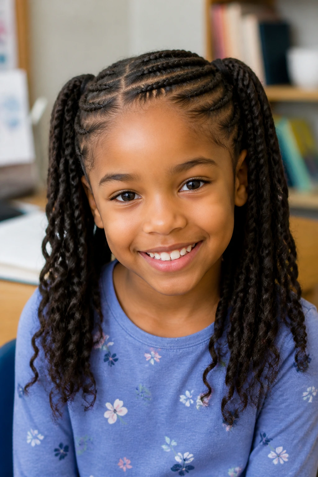 Close-up of a real child with flat twists forming two pigtails