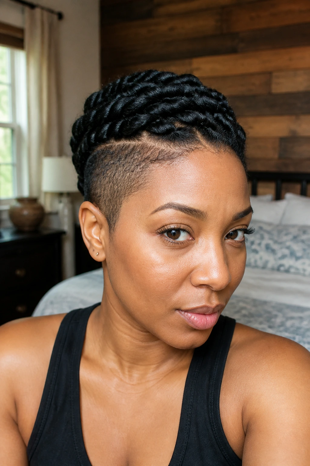 Close-up of a real Black woman's flat-twist crown with a hidden shaved temple