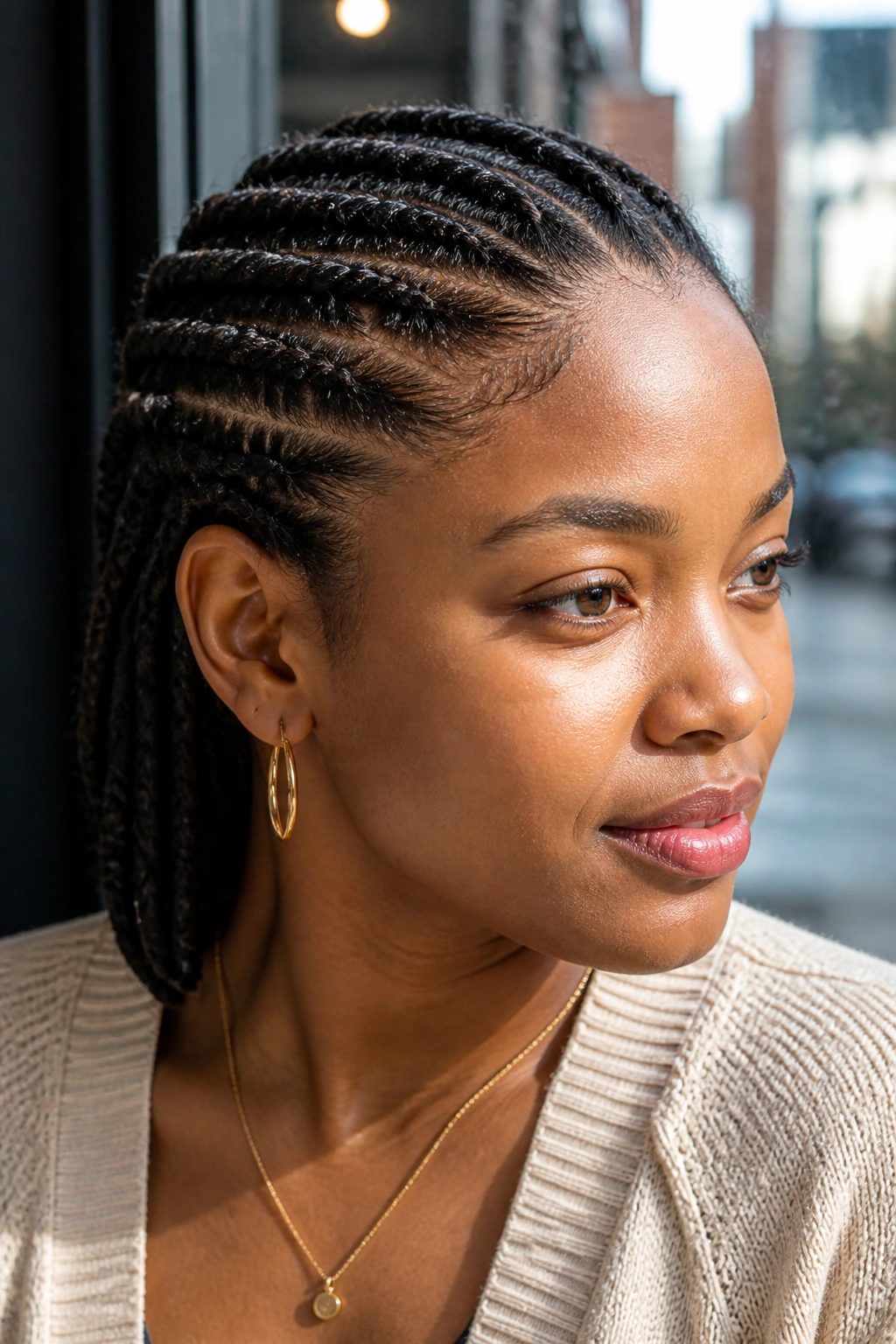 Portrait of a real person with flat twists straight back for a clean, calm look.