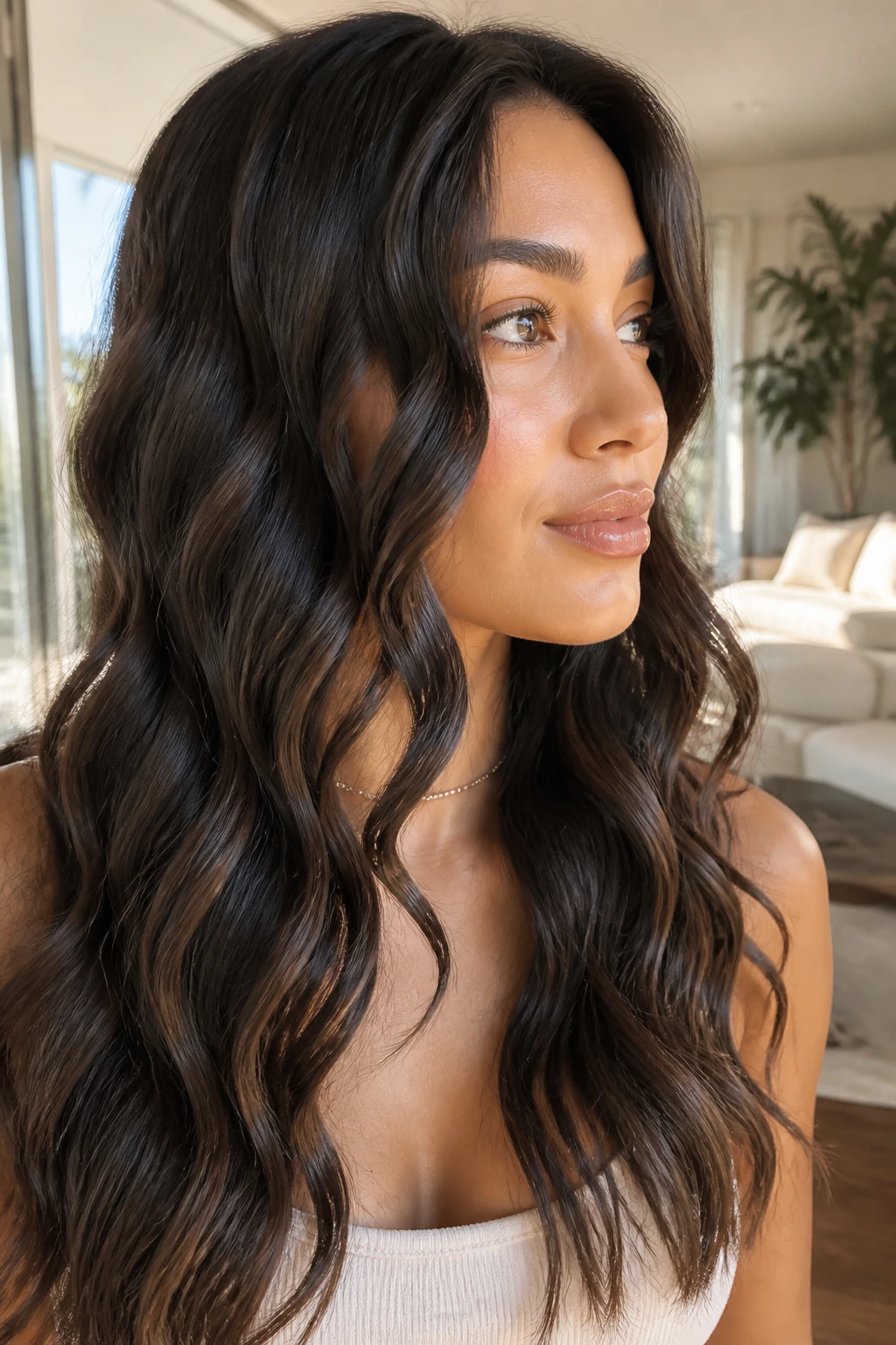 Close-up of a real woman with flat-iron S-bend waves