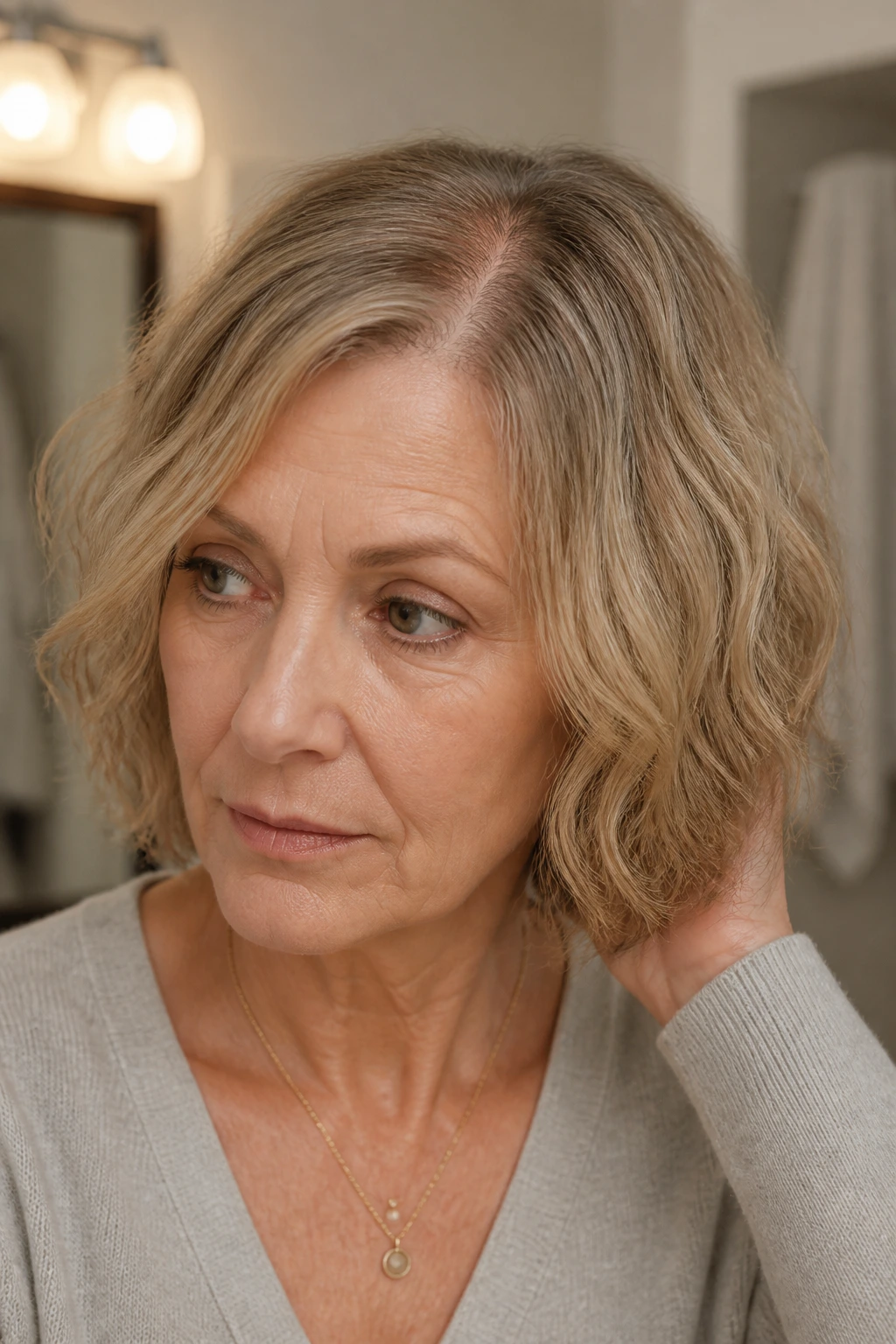 Portrait of a woman with flattened crown and reduced wave