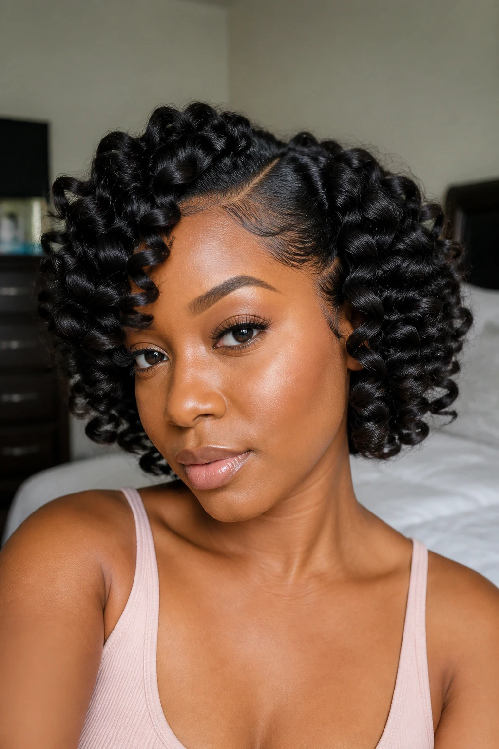 Close-up portrait of a real woman with a short flexi-rod set and spiral curls in natural light