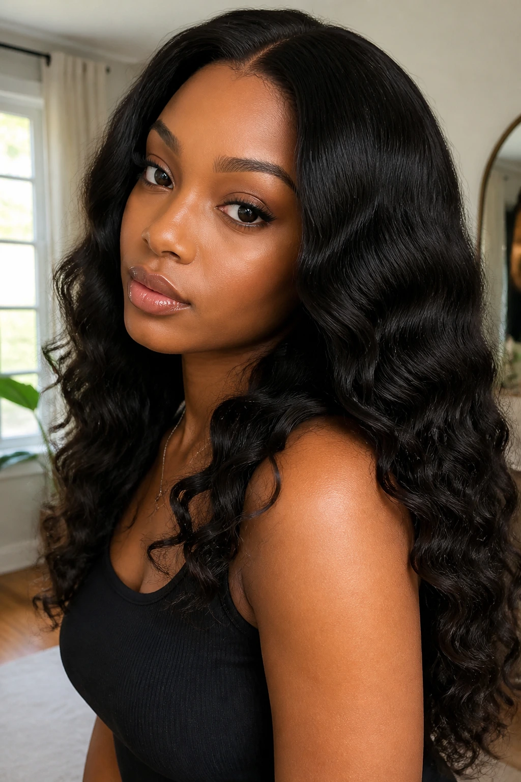 Close-up of a real woman with mid-length to end flexi-rod waves.