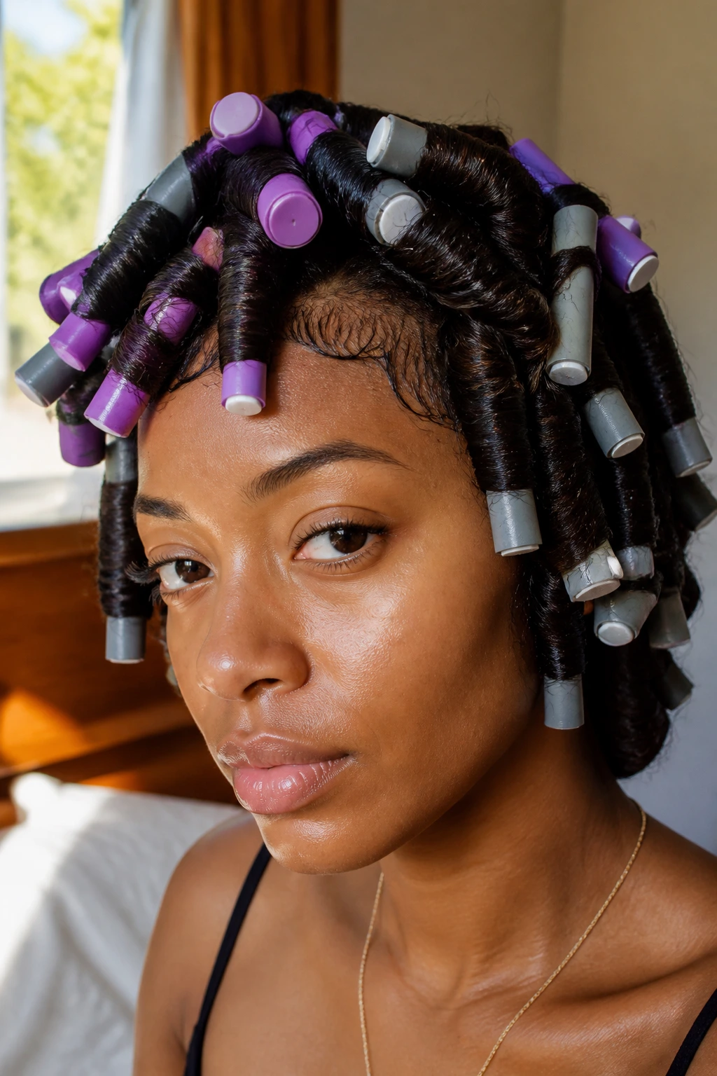 Close-up portrait of a real Black woman with a flexi rod set and damp glossy curls