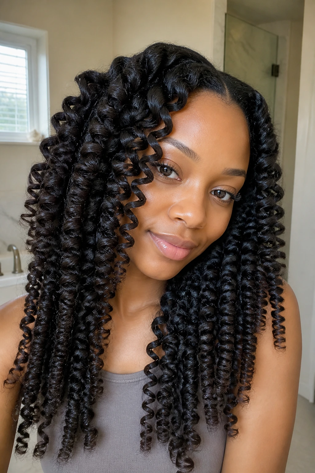 Close-up of a real person showing a flexi-rod set on long hair with defined curls.