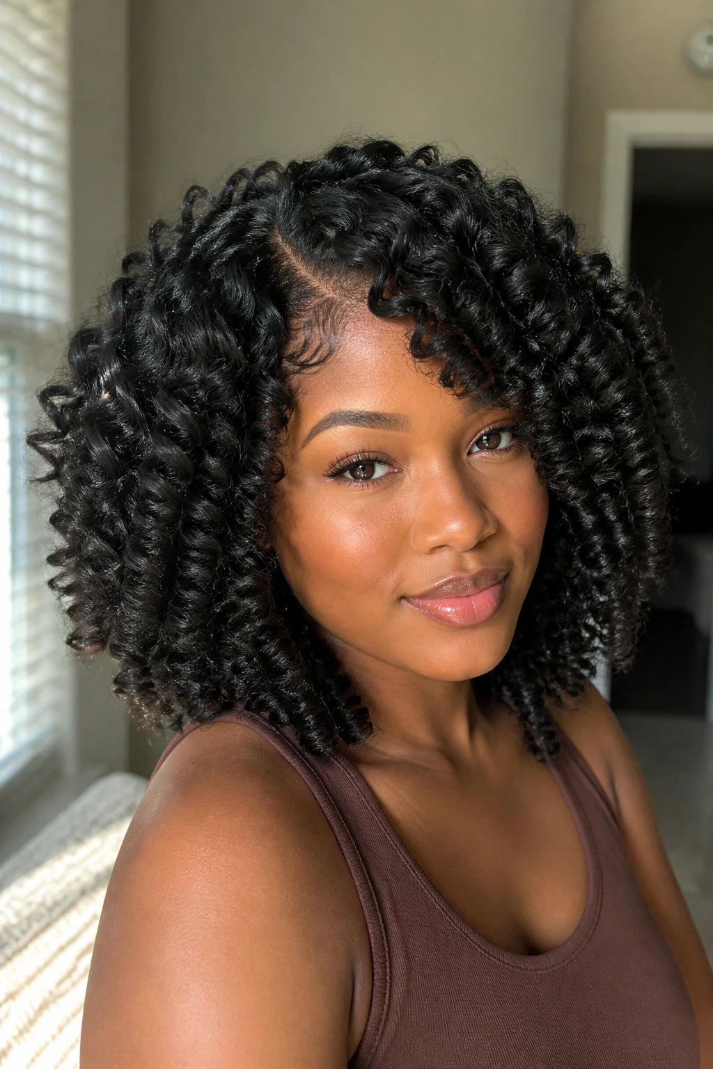 Close-up of a real Black woman with a flexi rod set curls