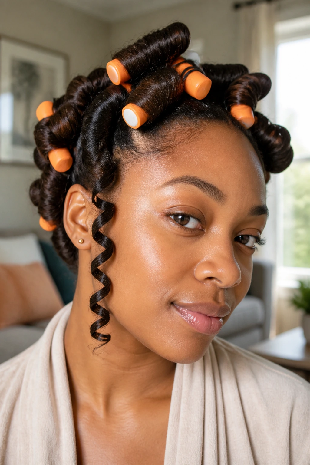 Real woman with flexi rod curls and soft bends in a living room