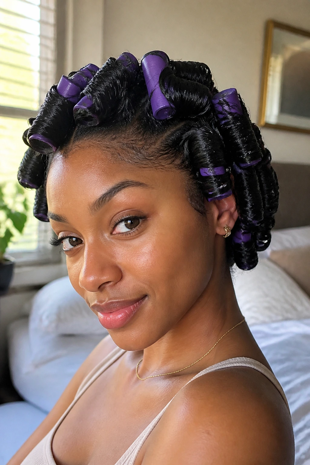 Close-up of soft ringlets from flexi rod set on thick natural hair