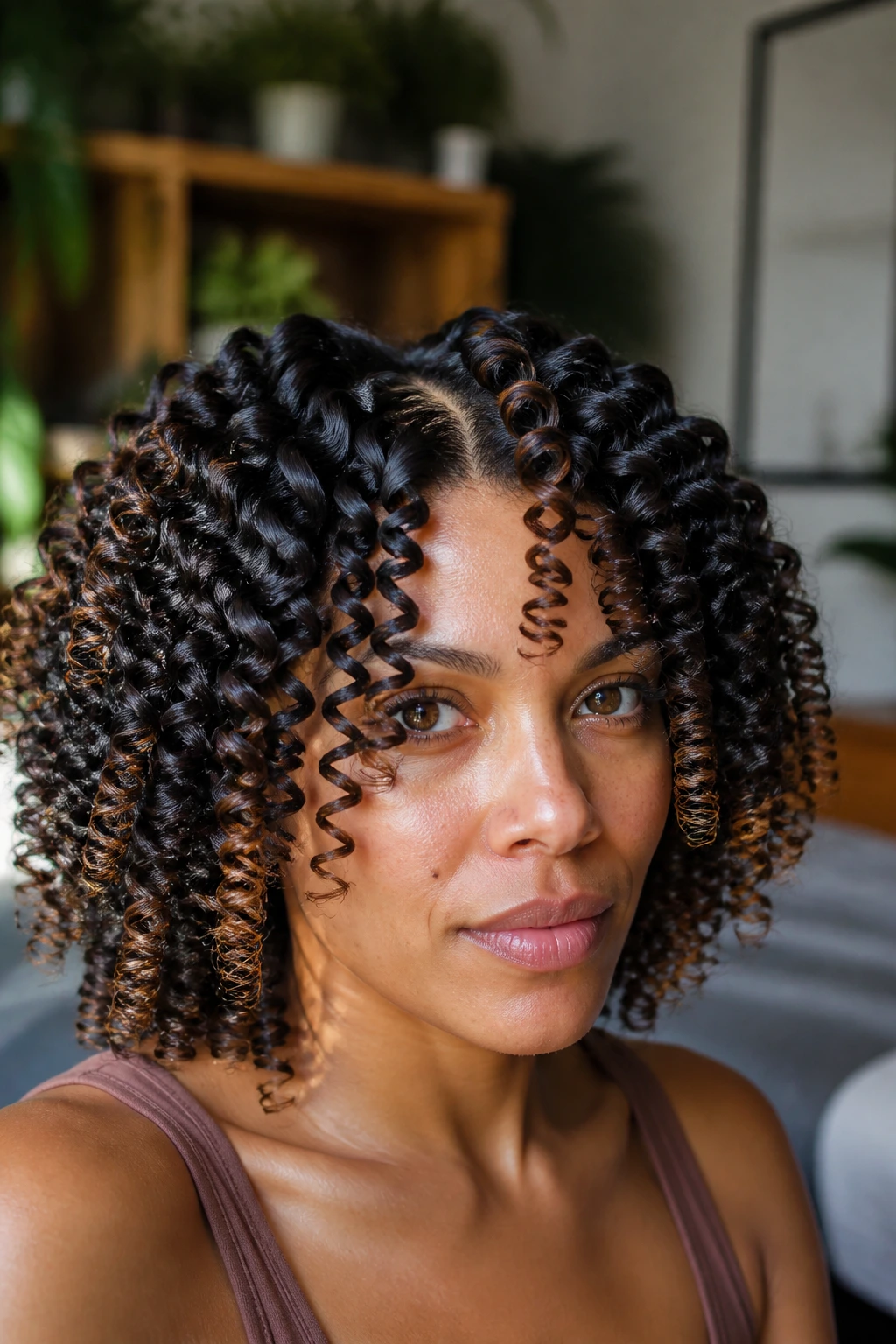 Close-up of a real woman with uniform spiral curls from a flexi-rod set