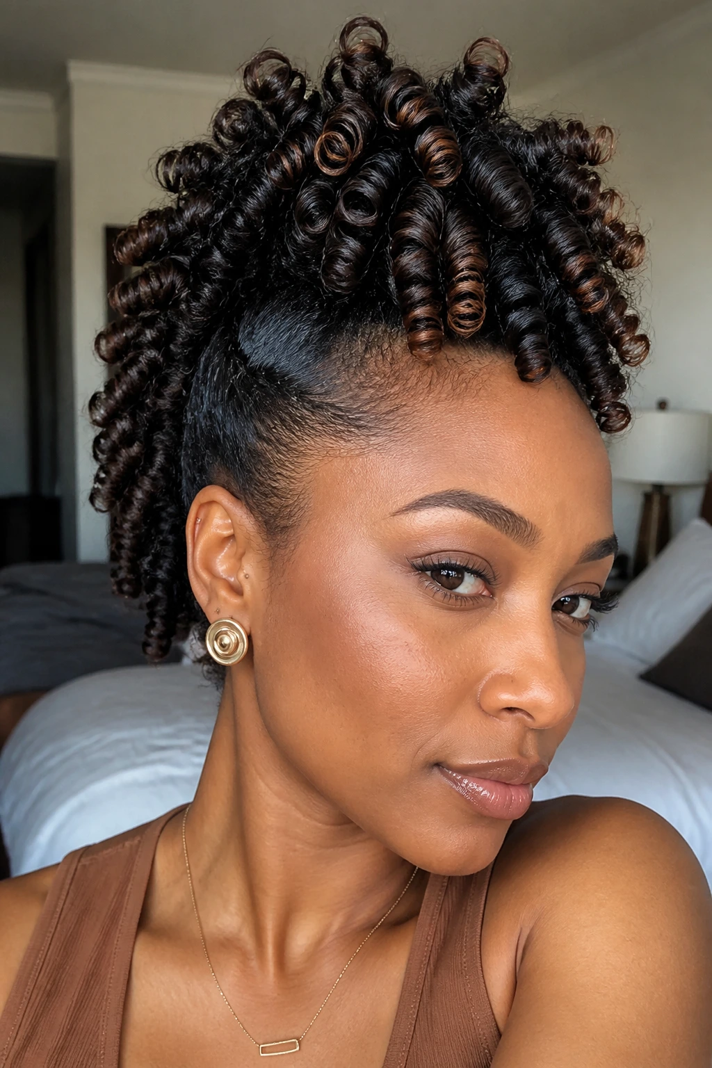 Close-up of a flexi-rod spiral mohawk on a real woman