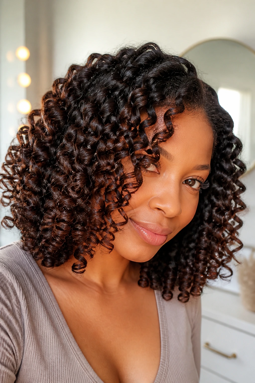 Close-up of a real woman with uniform spiral curls from a flexi-rod set