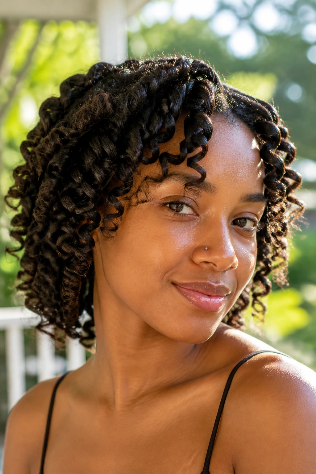 Close-up of a real woman with flexi-rods ringlets under sunny outdoor light