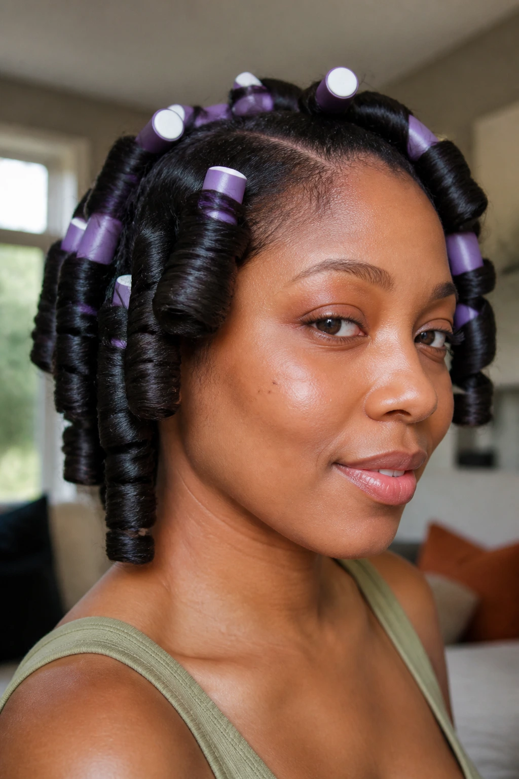 Close-up of a real Black woman with a Flexi Rod Set showing spiral ends.