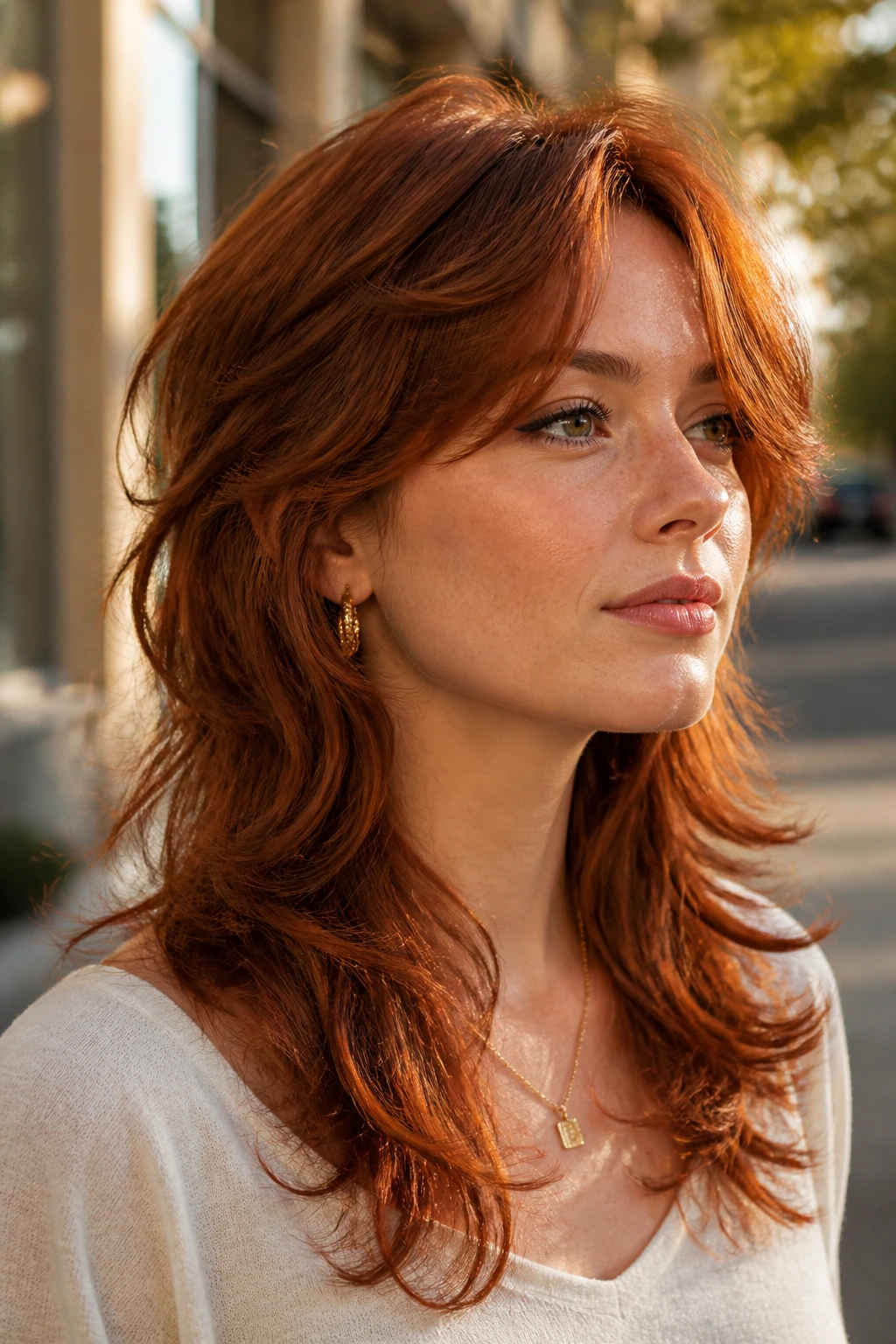 Portrait of a real woman with Flick-Out Wavy Copper Mullet showing outward flicks and copper waves in outdoor light.