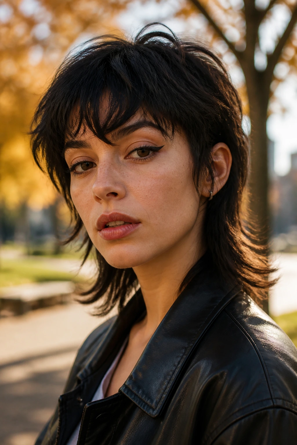 Close-up portrait of a woman with flicked-ends messy mullet in park light