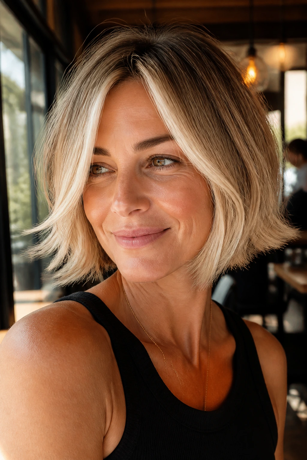 Close-up portrait of a real woman with a flicked-out short blonde bob, luminous front ends.