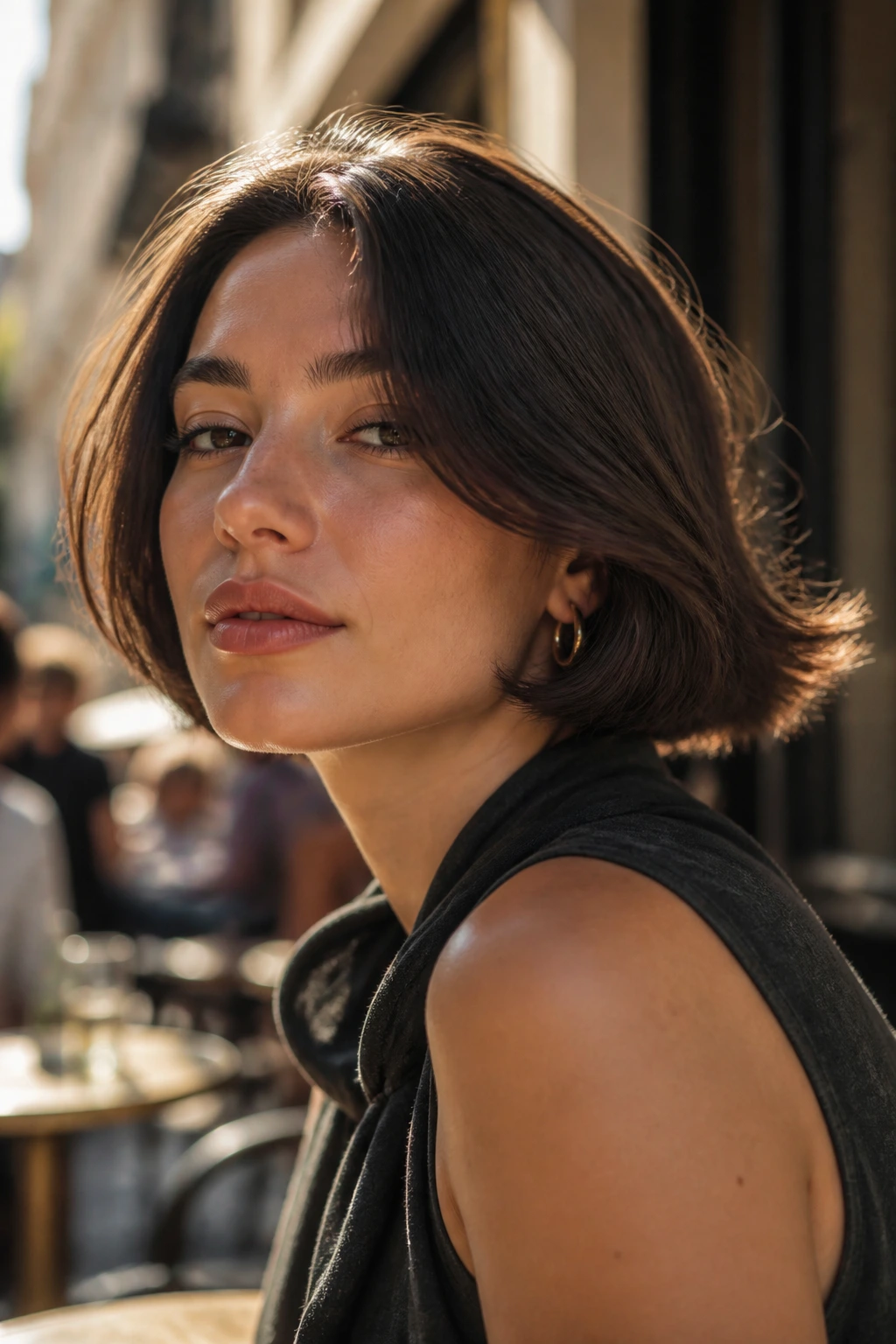 Close-up of a real person with a flicked-out Italian bob in golden hour outdoor light