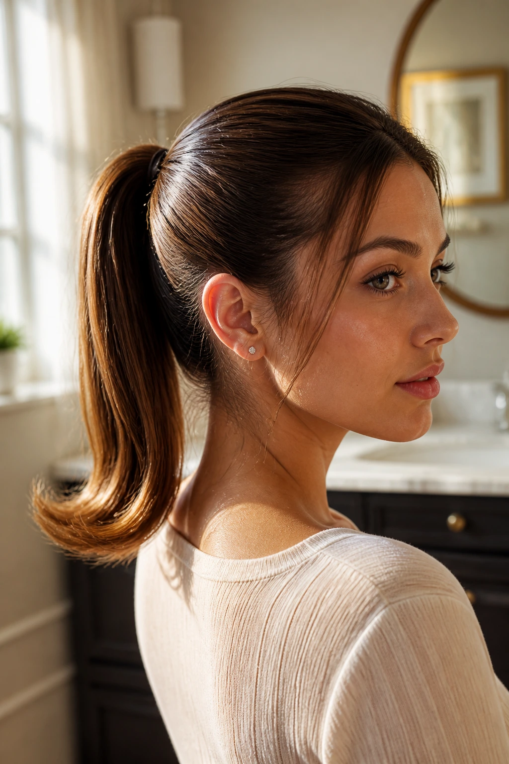 Close-up of flicked-out ponytail on a real woman showing outwardly turned ends